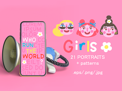 Girls PORTRAITS & patterns set cartoon character design face feminism girl girl power illustration pattern seamless pattern seamless patterns vector