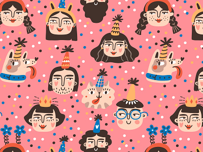 Let's celebrate🎉 2d anniversary birthday birthday party cartoon character characterdesign cute design event illustration party pattern pink printdesign seamless pattern vector