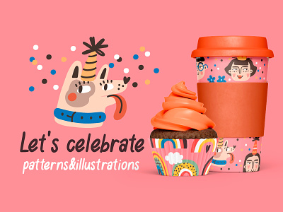 Let's celebrate | patterns & objects art cake cartoon cat character concept cupcake design dog funny gift happy birthday holiday illustration objects pattern people present seamless set