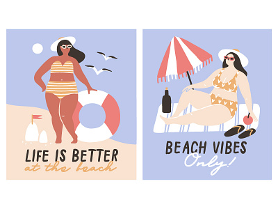 Life is better at the beach☀ cartoon girl illustration postcard summer template vector vibes