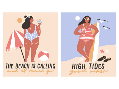 High tides ☀ good vibes cartoon design girl illustration postcard summer template vector vibes