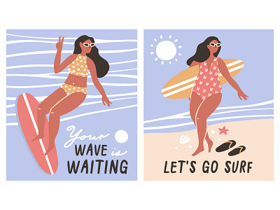 L'ets go surf ☀ cartoon design girl illustration postcard summer surfboard surfing vector vibes