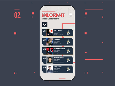 Valorant Leaderboard - DailyUI 019 app dailyui design esports gaming illustrator interface interface design mobile mobile design ui uidesign uxdesign valorant