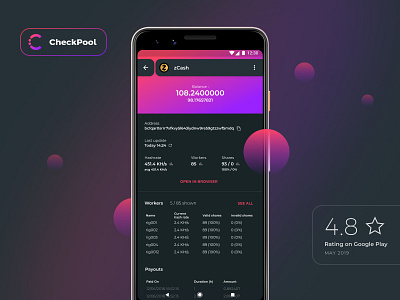CheckPool - Cryptocurrency mining pool monitor design android app dark design details logos mobile screen ui ux vibrant