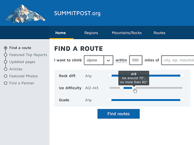 Find A Route - SummitPost redesign climbing controls flat search