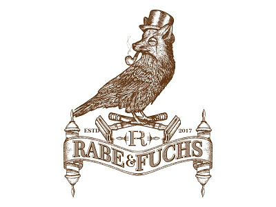 Rabe und Fuchs (raven and fox) fox hand drawn illustration logo monogram old school raven vector vintage