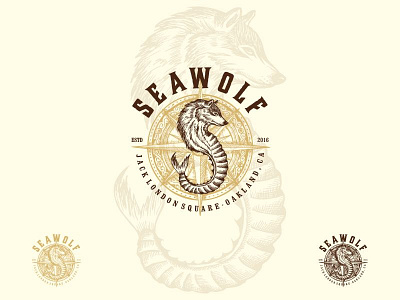 Seawolf compass diving hand drawn illustration metamorphosis ocean old school sea horse under water vintage wolf