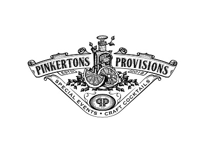 Pinkertons Provisions cocktail elixir emble hand drawn logo old style orange vector vines vintage