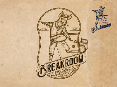 Breakroom billiards emblem old school pig scratchboard shooting pool vintage