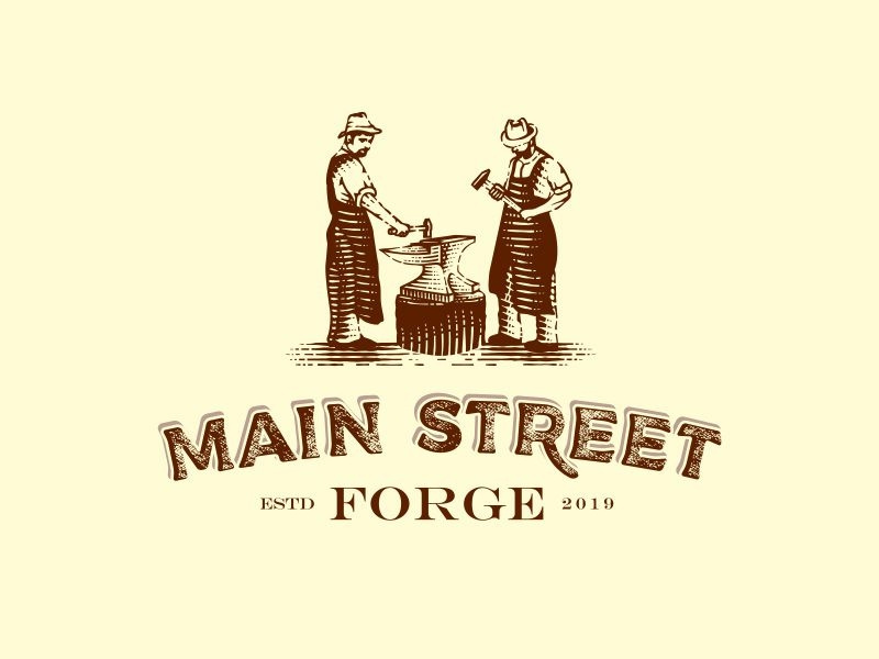 Main Street Forge custom lettering branding scratchboard character craftsmen forged woodcut engraved etching vector blacksmith anvil hammers craftmanship forge logo design hand drawn typography old school illustration