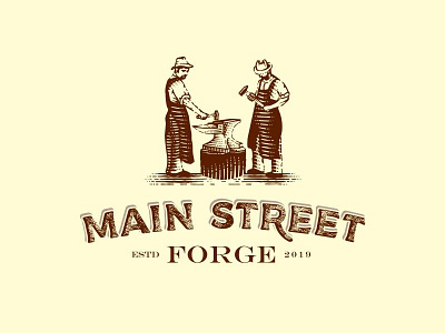 Main Street Forge anvil blacksmith branding character craftmanship craftsmen custom lettering engraved etching forge forged hammers hand drawn illustration logo design old school scratchboard typography vector woodcut