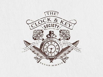 The Clock And Key Society branding clock emblem design engrave etching feather pen hand drawn illustration key art line art old school pocket watch scratchboard society vector vintage wood cut