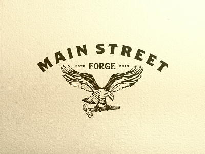 Main Street Forge V2 branding design eagle emblemgarage engraved forge hammer hand crafted line art logo design old school vector vintage woodcut