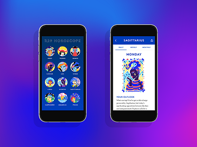 R29 Horoscopes Comps app mobile user interface