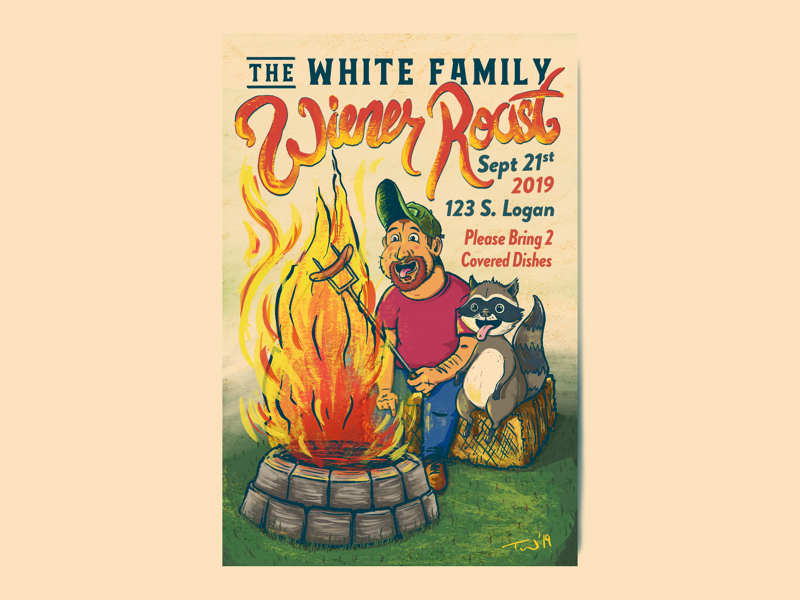 The White Family Wiener Roast 2019 drawing procreate 2019 annual fun bonfire weenies raccoon wiener roast illustration