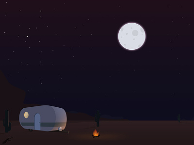 Desert Camping Night cactus camp fire camping desert illustration landscape moon trailer vector