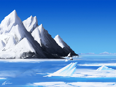 Drifting ice flow landscape mountain ocean painting sailing
