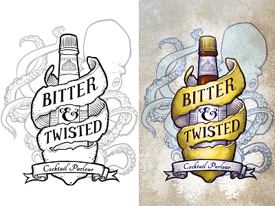 Bitter & Twisted logo and art art bar bitter twisted bottle cocktail parlour design illustration lemon logo octopus poster