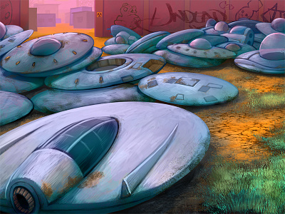 Saucer Junk Yard art design digital painting flying saucer illustration junk yard sci fi