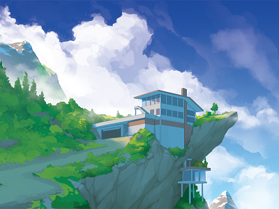 House on a Hill architecture art clouds digital painting illustration mountains
