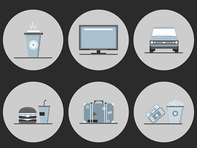 Icons pt.2 blue car coffee fast food grey icons movies popcorn suit case tv vector