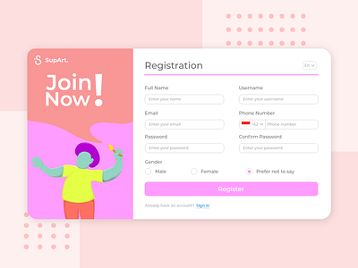 SupArt - Registration UI design design illustration pink register register form registration registration form ui uidesign vector web website
