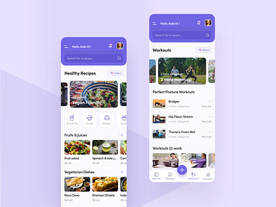 Health & Fitness App - Recipes and Workouts app design appui clean design exercise app fitness fitness app food health health app icon illustration mobile recipes ui ux vector vegan workout