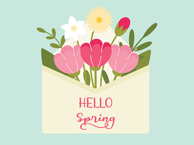 Hello Spring Illustration. Spring Flowers Blooming. blooming bouquet daffodils daisy envelope flat flower flower illustration fresh fresh colors graphic design hello spring illustration minimal pastel color palette spring spring flowers