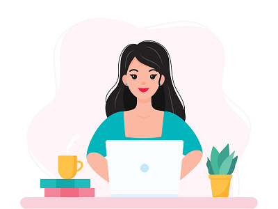 Girl Working From Home Illustration coffee cute designer desktop flat freelancer girl graphic design home office house illustration illustrator laptop office remote remotework woman work young