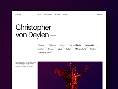 Musician's Page about album bio clear design discography dj electronic header image list minimal music musician style swiss typo typography ui web