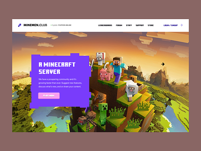 Home page for Minemen Club club clubs craft for player forum game game server illustration ip mine minecraft minemen minimal online play play now players responsive ui website