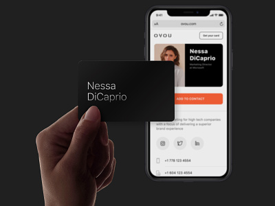 OVOU Smart Business Card with hand and mobile black branding branding design card design hand logo minimal minimalist minimalist design mobile mobile app design mobile ui profile card profile page responsive ui website