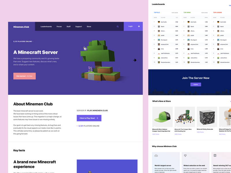 Design for Minemen Club / Website minemen.club clean club flat game design games join us minecraft minecraft building minecraft store minimal play responsive server site site design store ui ux web website