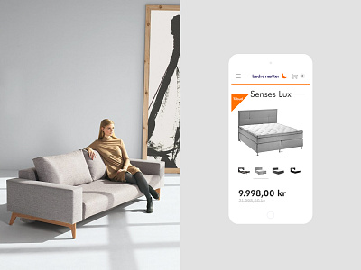 Mobile product page for Bedrenaetter website bed bedrenaetter bedroom ecommerce interior magento2 minimal minimalistic store mobile mobile product mobile product design orange product card productdesign responsive shop store web webdesign website