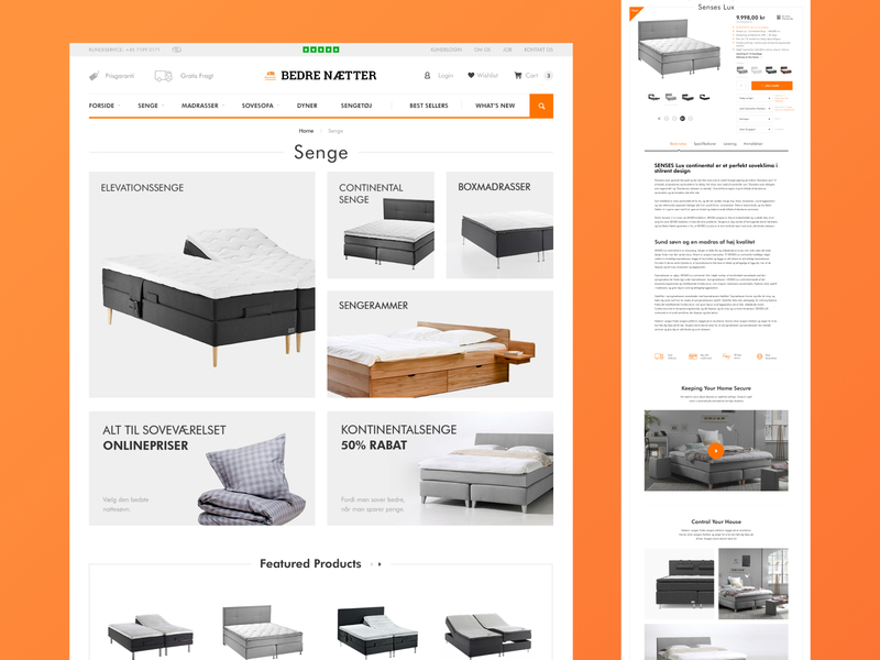 Bedre Nætter Magento 2 website design / Bedrenaetter basov bed bedroom category page ecommerce featured products interior magento2 minimal orange product page responsive senge shop store ui web webdesign website