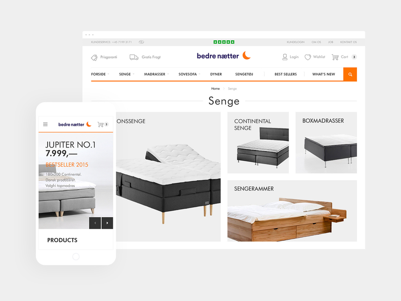 Responsive design for Bedrenaetter.dk basovdesign bed branding denmark flat furniture logo magento2 minimal mobile orange responsive shop sleep store typography ui web webdesign website