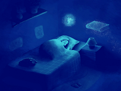 Night dreams bedroom cat design digital fairy illustration night