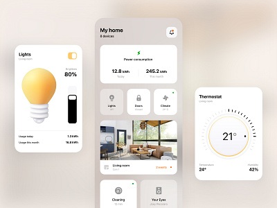 Smart home app app camera clean cleaning comfy devices environment home iot lights mobile music power room security smart temperature ui ux vacuum