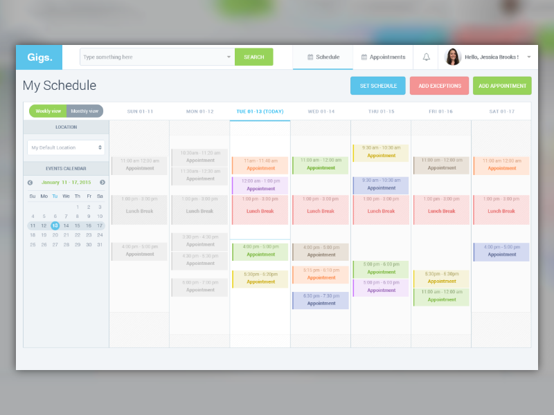 Gigs - Schedule manager UI application appointment blue calendar green manager schedule ui web