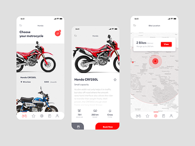 M1254 - Motorcycle app appdesign application ui clean ios motorcycle rental red ui user interface ui ux