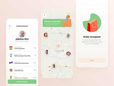 Elderly care app application care coronavirus covid19 delivery design elderly food help map mobile order request shop shopping social support ui ux
