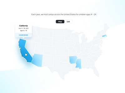 Non-Profit Organization Marketing Site - Camp Locations Map arizona arkansas california hover state list map massachusetts mississippi state united states