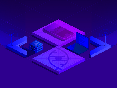 Marketing Site Hero Illustration antenna connect database gradient grid grid logo isometric laptop perspective phone