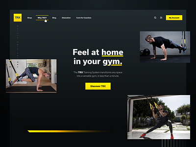 TRX Home Page - Hero Section Concept active cta dark gradient gym home landing marketing mode navbar pushup site sketch suspension training trx ui ux workout yellow