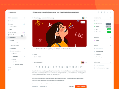 Contentstack CMS UI Updates - Entry Editor article blog blog post collaboration content management expand flat full screen hover outline preview publish react real-time ux vue web app wysiwyg
