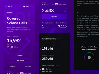 Katana Vault UI - Dark Mode, Mobile bitcoin blockchain crypto cube currency deposit ethereum invest katana market money nft phantom purchase sol solana strategy trade wallet withdraw