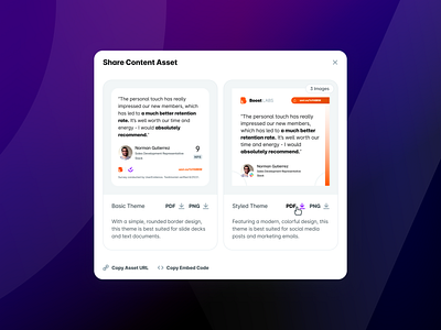 UserEvidence Share Content Asset Modal author customize download editor embed image modal nps option pdf png preview quote saas share style testimonial theme ui url