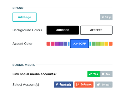 Site Builder Setup UI brand builder color picker selector share skip social media