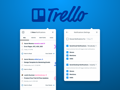 Trello Notifications Re-Design design challenge mid fidelity modal notification overlay product management thought process trello ux ux design