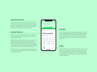 Podcast iOS App - Favorites (Empty State) Design Explanation behind the scenes category decision design empty explanation genre illustration ios iphone iphone11 iphonex listen making rationale search state tab bar ui ux